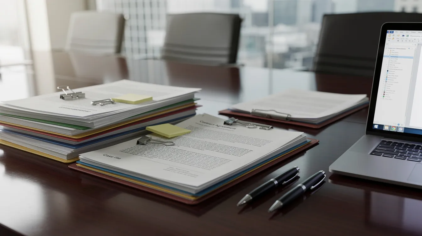 The image features a stack of legal documents and folders on a wooden conference table, accompanied by pens and a laptop, suggesting a setting where oil and gas attorneys may be discussing agreements related to oil and gas assets or operations. The organized layout indicates a professional environment focused on legal matters in the oil and gas industry.