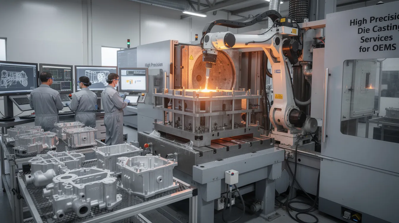 The image depicts a high precision die casting setup, showcasing a casting machine in action, producing die cast parts from molten metal. The scene emphasizes the intricate details and smooth surface finish of the high-quality parts being manufactured, highlighting the importance of precision and efficiency in the die casting process for various industries.