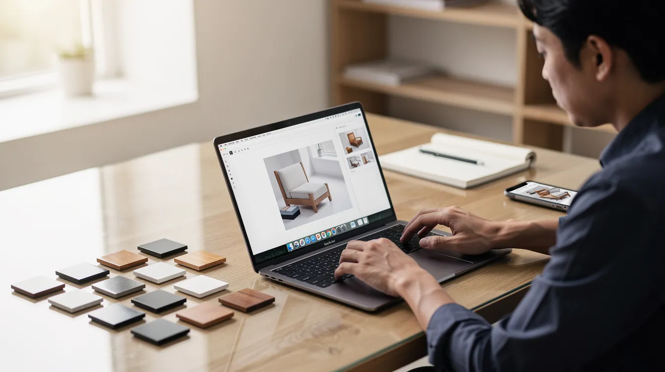 An online shopper is seated at a table, comparing product photos displayed on a laptop to physical samples laid out beside it. This scene highlights the customer journey in an ecommerce store, emphasizing the importance of an efficient checkout process to reduce cart abandonment.