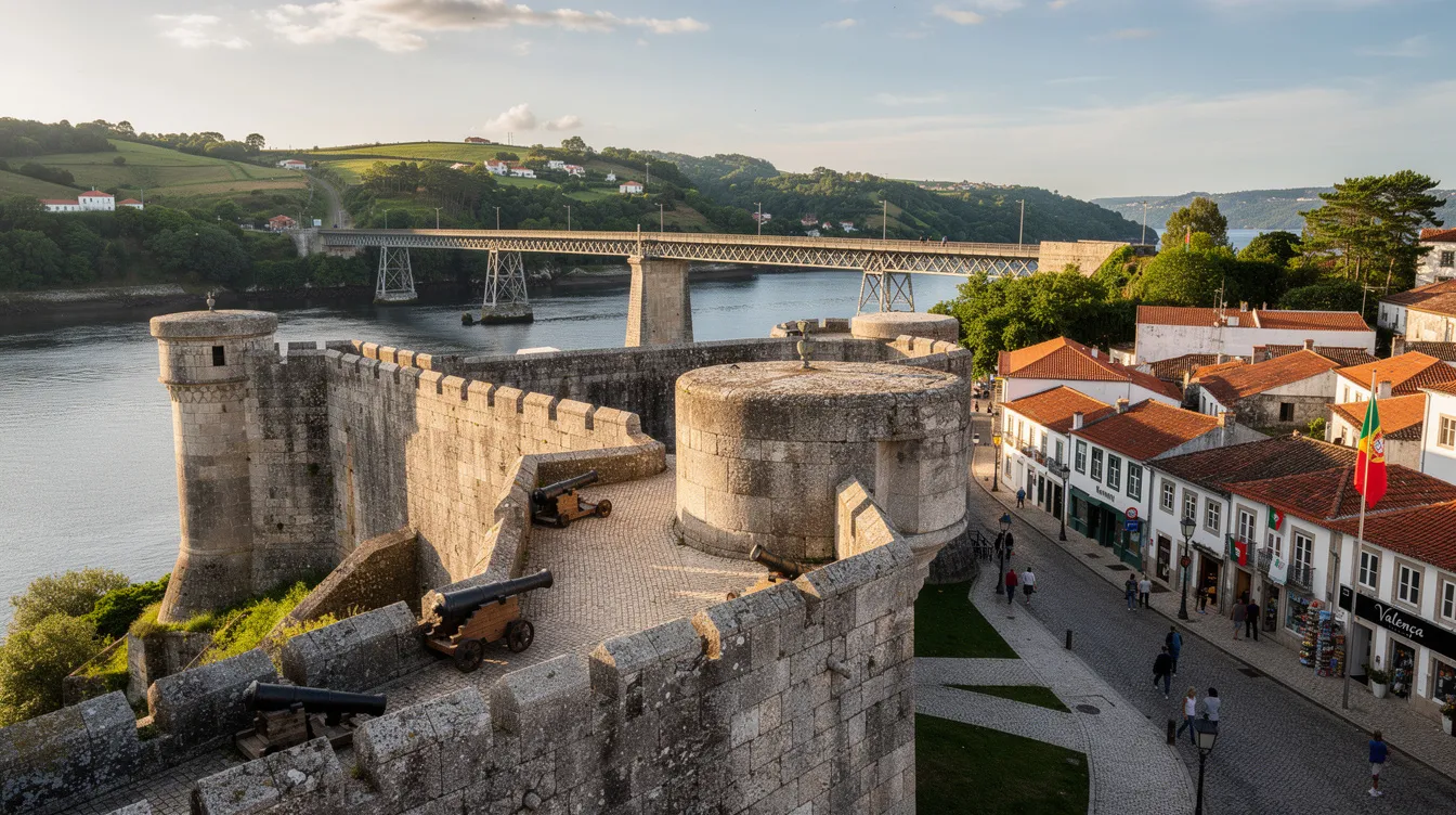 A imagem mostra a cidade de Valença do Minho, localizada na região norte de Portugal, destacando suas construções históricas e a bela paisagem que a cerca. É um destino popular para turistas que visitam a região e também fazem parte do Caminho de Santiago, atraindo peregrinos e viajantes de várias partes do mundo.
