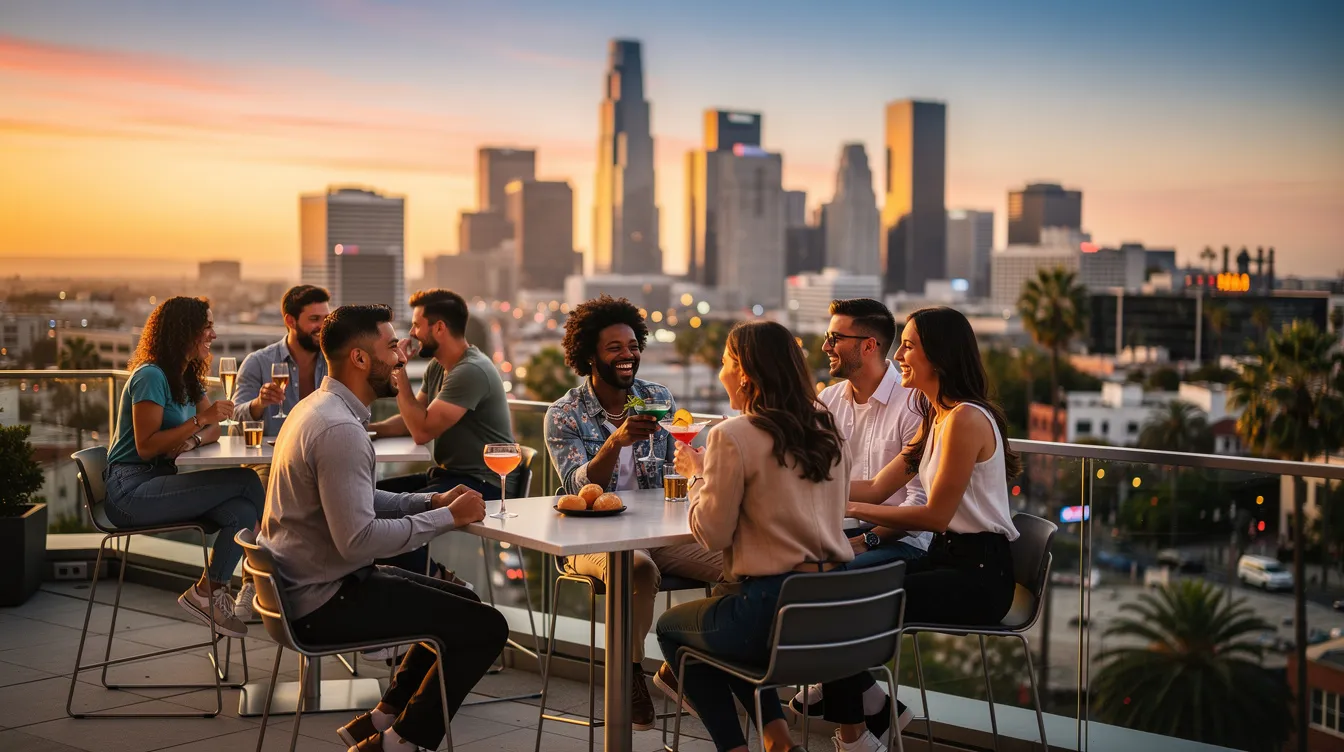 A diverse group of people is socializing at a modern rooftop bar, enjoying lively conversations as they overlook the stunning downtown Los Angeles skyline at sunset. This vibrant scene captures the essence of connecting with new people and making friends in a fun atmosphere, perfect for singles looking to meet others in the city.