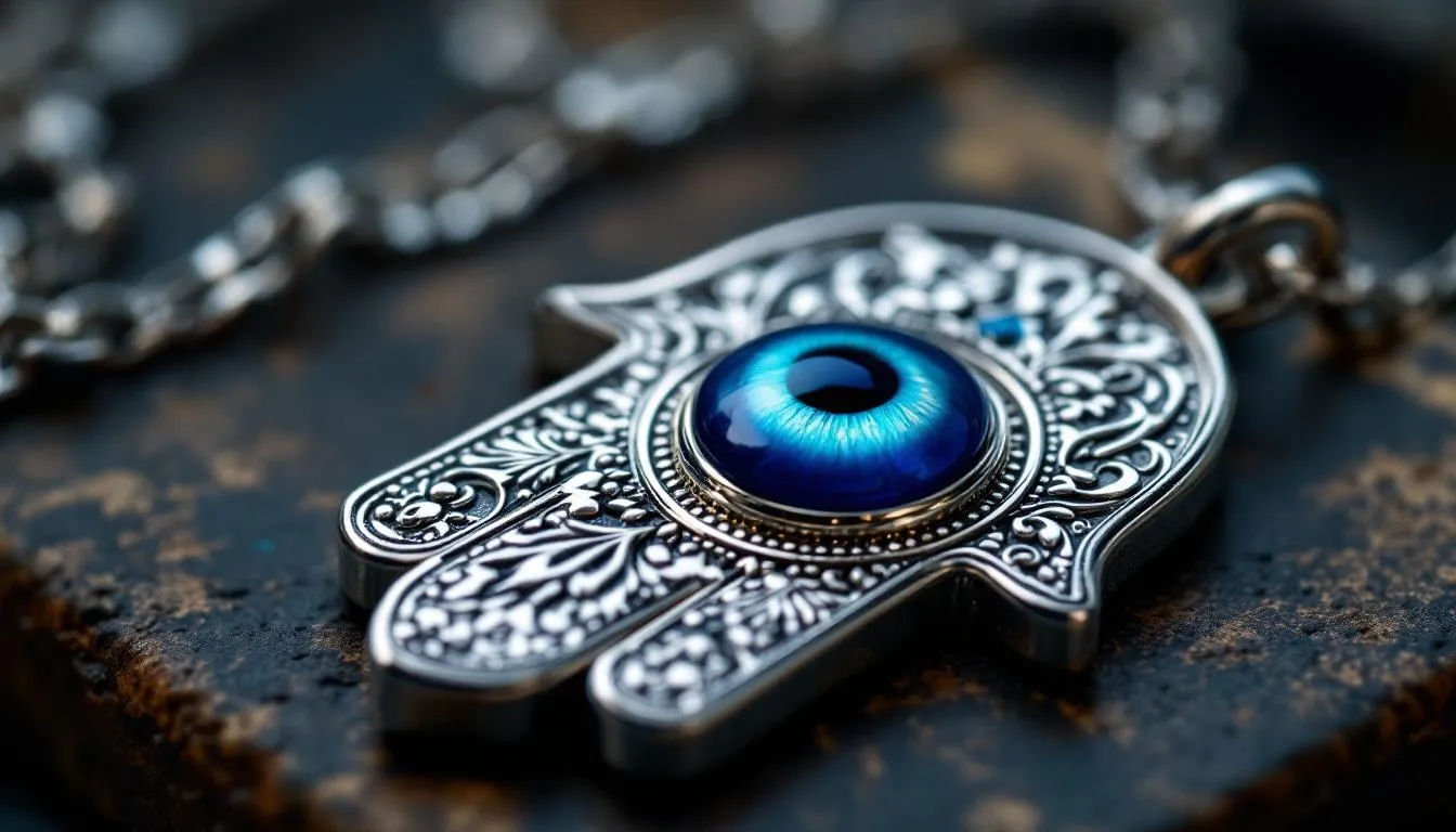 The image features an elegantly designed Hamsa pendant, intricately detailed and polished in silver, with a deep blue evil eye charm at its center, creating a striking contrast. This powerful symbol, known for its protective qualities against the evil eye curse, represents blessings and good fortune across many cultures, including Jewish and Middle Eastern traditions.