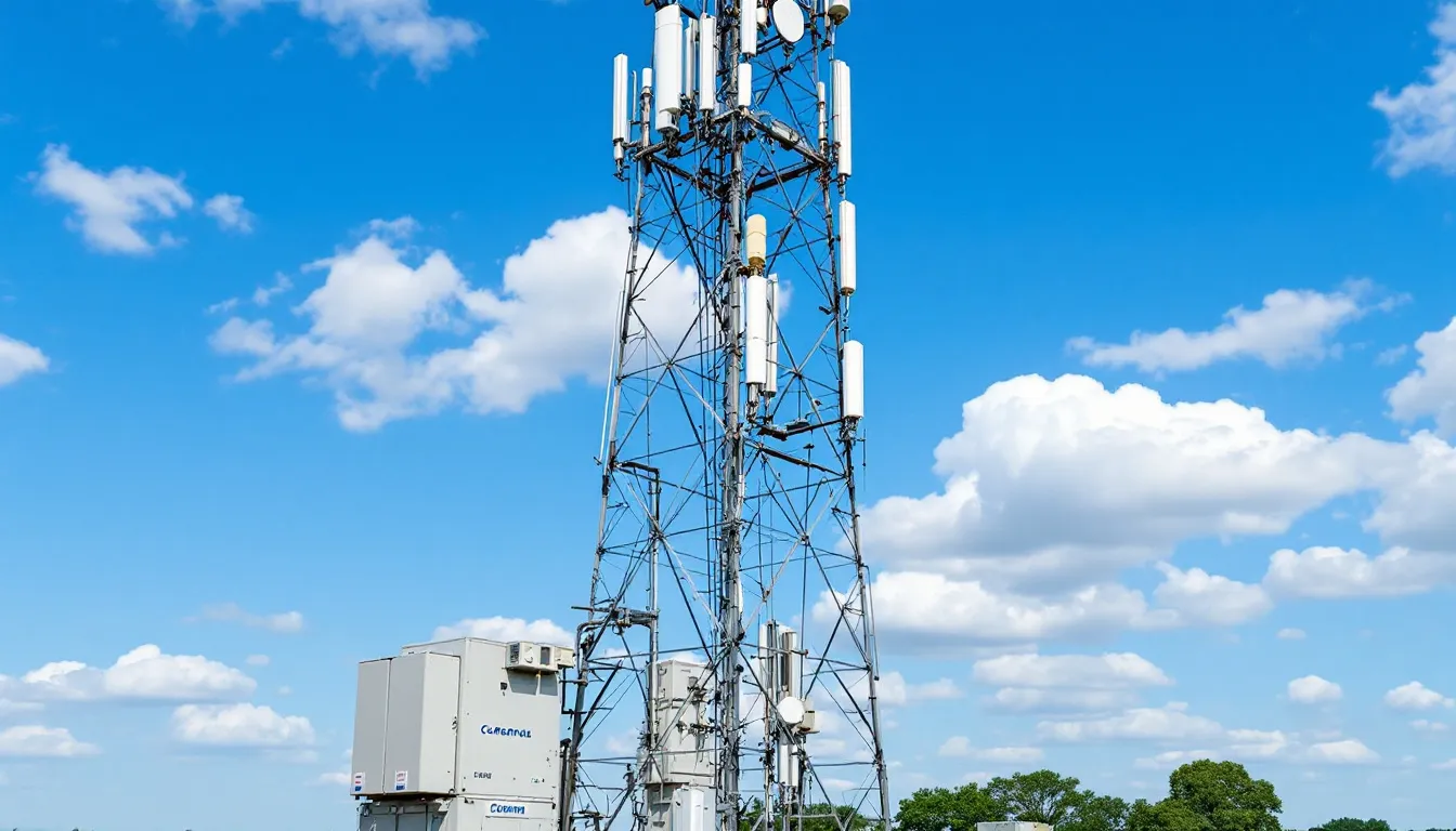 The image depicts a cell tower equipped with multiple carrier antennas, showcasing various independent equipment installations from different mobile network providers. This setup illustrates the collaboration of major carriers like T-Mobile and Verizon, ensuring reliable coverage and service quality for customers across various regions.