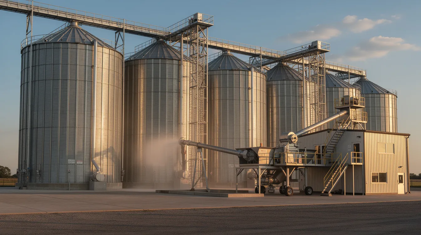 9cd8e7e0 2992 4847 9d28 daff65c56c76 The image depicts a modern steel grain silo equipped with conveyor belt systems and grain handling equipment, highlighting efficient grain storage capabilities at a storage facility. This infrastructure is designed to enhance operational efficiency and preserve superior grain quality while minimizing post-harvest losses.