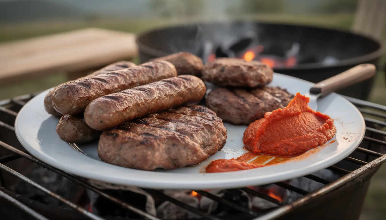 Un plato de kebapche y kyufte, típicos de la cocina búlgara, se presenta en una parrilla tradicional, acompañado de lyutenitsa, una salsa a base de pimientos y tomates. Este delicioso plato resalta los sabores de la carne picada y especias, representando la rica gastronomía de Bulgaria.