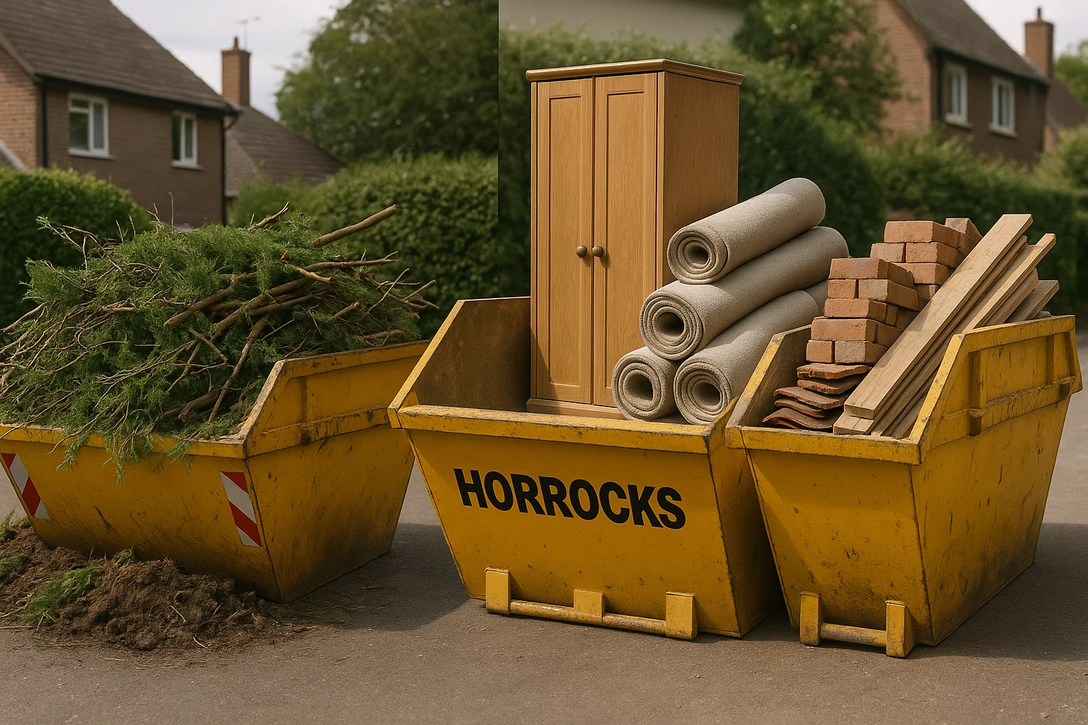 Different skip sizes shown alongside garden waste, construction waste and bulky household items to illustrate project needs.
