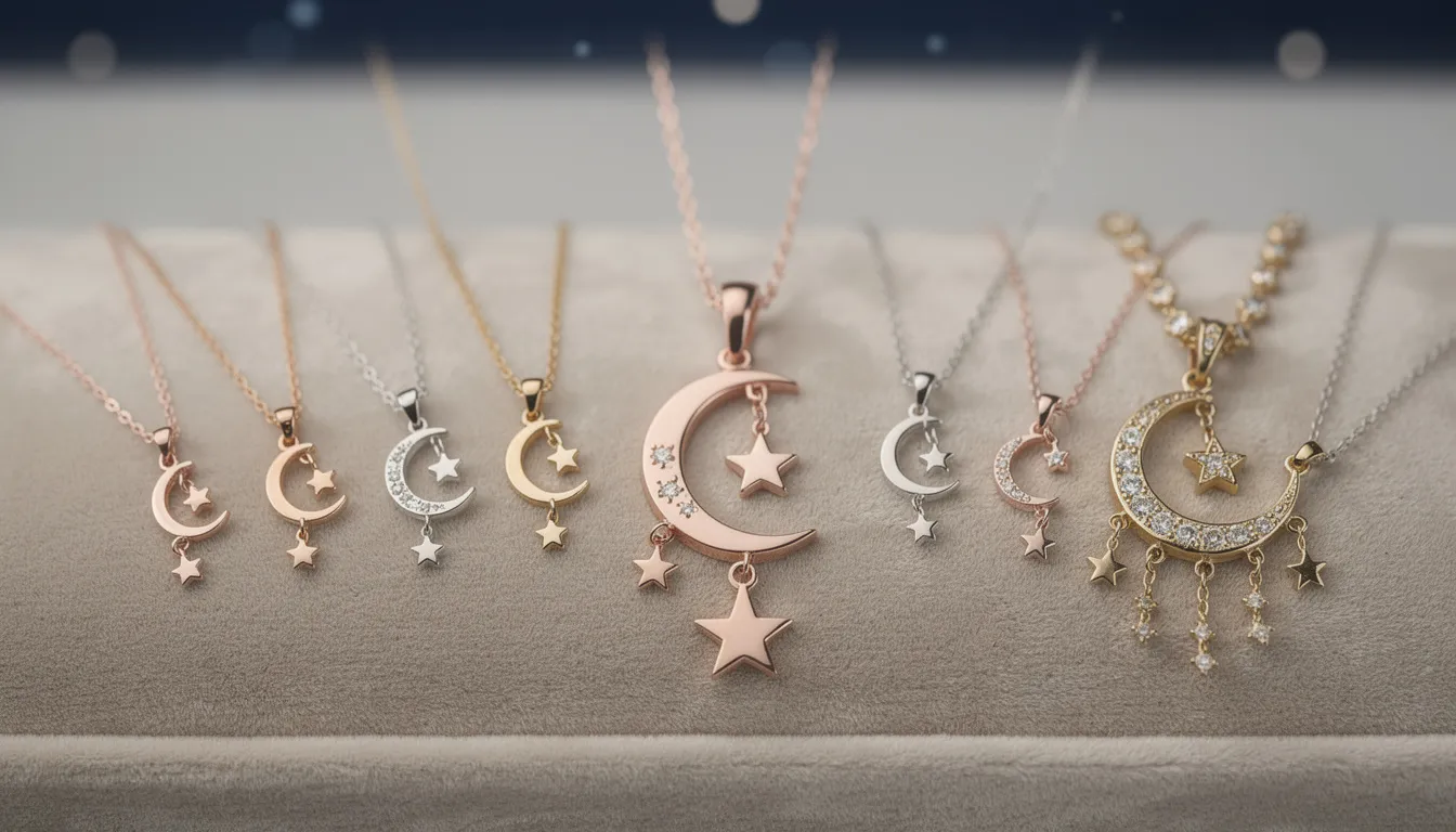 The image features a beautifully crafted crescent moon and star necklace, showcasing a delicate silver design where a shimmering crescent moon cradles a tiny star charm beneath it. This elegant piece of jewellery embodies a sense of guidance and inspiration, perfect for those who appreciate celestial-themed accessories.