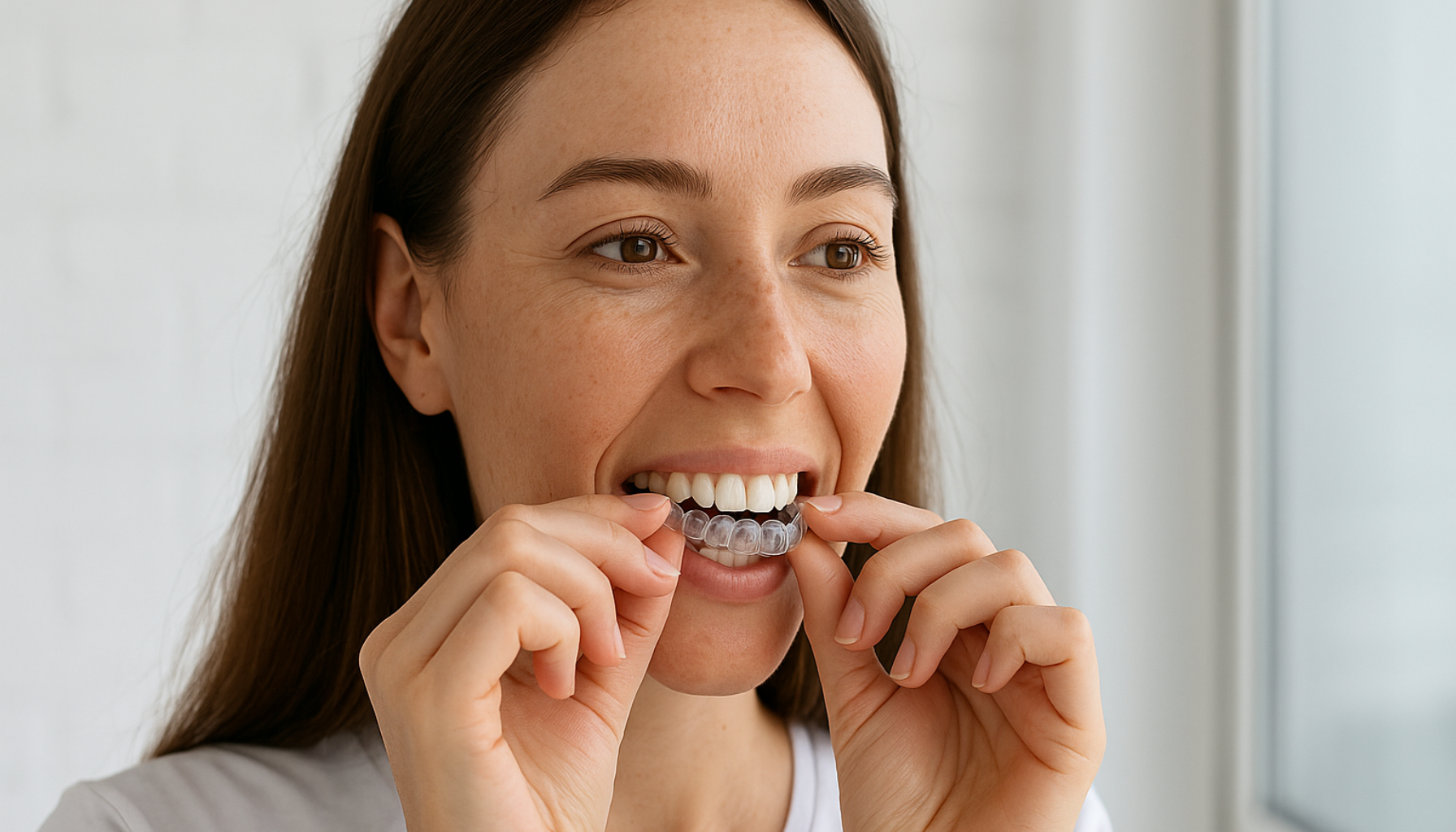 Kvinne med langt hår setter inn en usynlig tannregulering på overkjeven med forsiktig grep og et lett smil i godt lys.