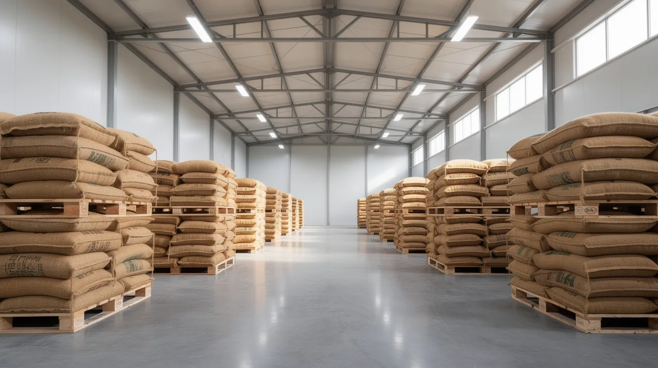 The image depicts the interior of a clean grain warehouse, featuring neatly stacked jute bags on wooden pallets, which likely contain raw paddy or other raw materials essential for the poha manufacturing process. The organized layout emphasizes the importance of production efficiency and quality in the poha industry.