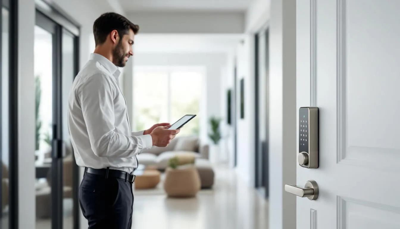 A technician providing on-site technical support for a smart lock installation, ensuring customer satisfaction.