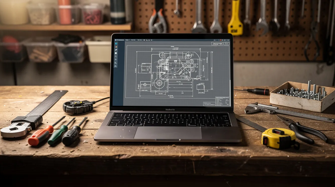 Auf dem Schreibtisch in einer Werkstatt liegt ein Laptop neben einem Bauplan und verschiedenen Werkzeugen. Diese Szene zeigt den Arbeitsalltag von Handwerkern, die moderne Technologien und KI-Tools nutzen, um ihre Aufgaben effizienter zu gestalten.