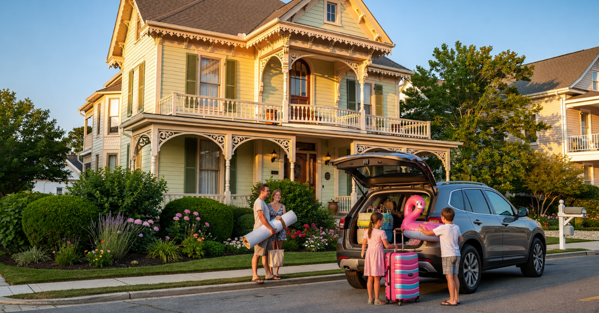A family arrives at their historic Victorian-style vacation rental in West Cape May, unpacking suitcases and pool floats from their car. The charming property, set in a picturesque neighborhood, offers a perfect blend of historic charm and modern amenities, ideal for a beach getaway.