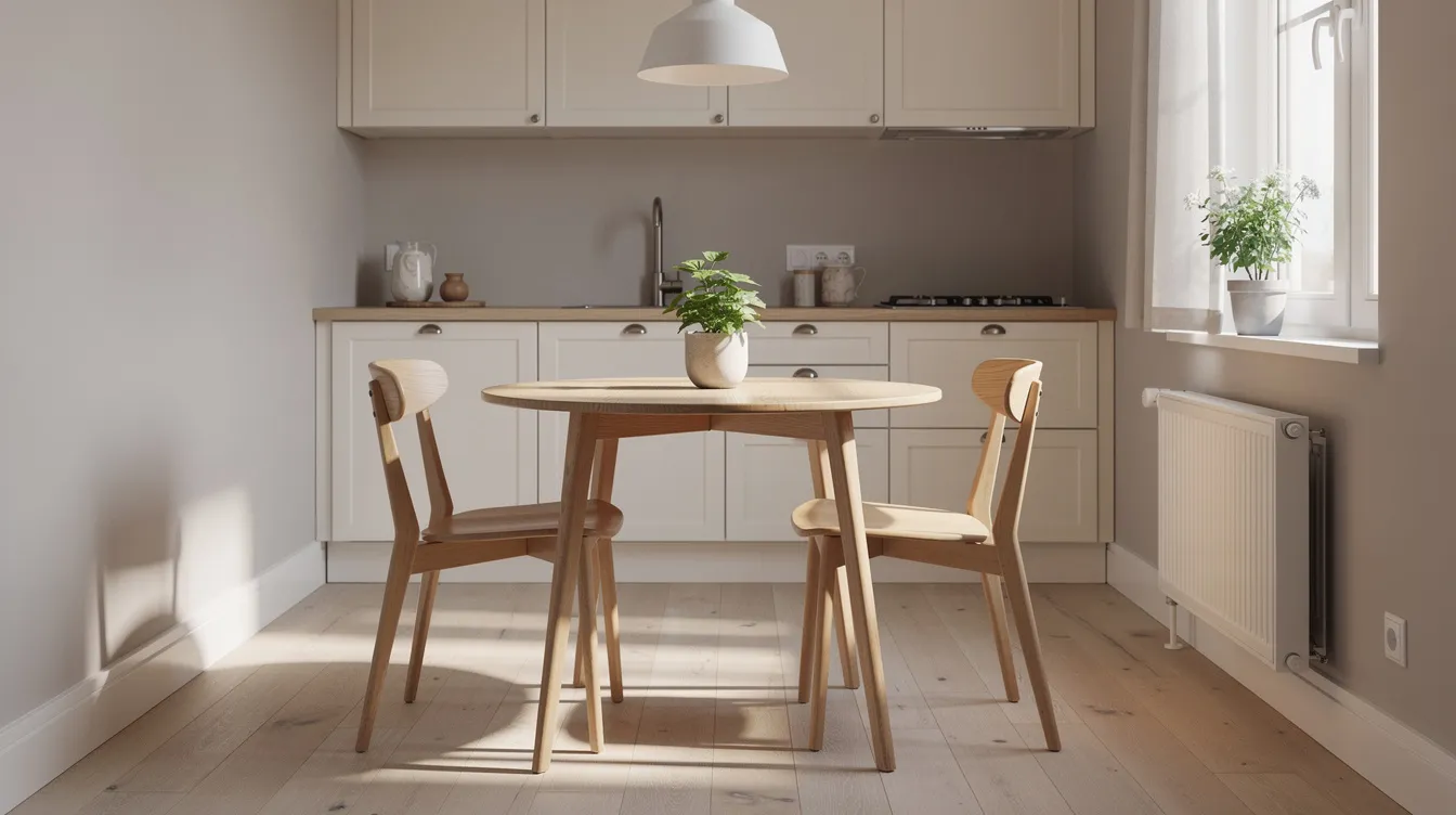 Ett litet runt matbord i ljust trä med en diameter på 80 cm står i ett skandinaviskt kök, omgiven av två stolar och badande i fönsterljus, vilket ger en inbjudande och modern känsla. Bordet passar perfekt för mindre sällskap och skapar en trivsam atmosfär i rummet.