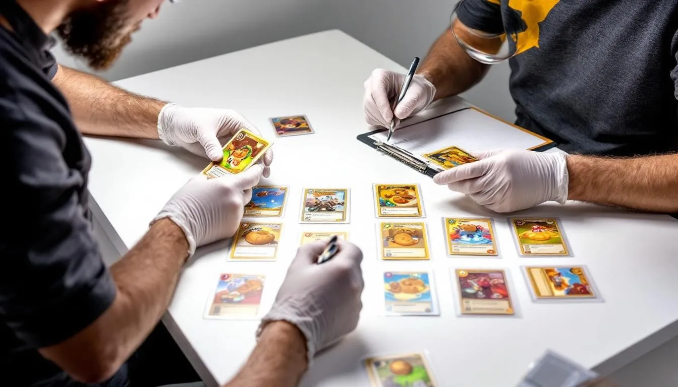 A group of collectors is carefully examining Cookie Run Kingdom cards under bright lighting to assess their condition, surrounded by starter decks and boxes of cards. The scene captures the excitement of the card game as they discuss the colors and types of cookies featured in the cards.