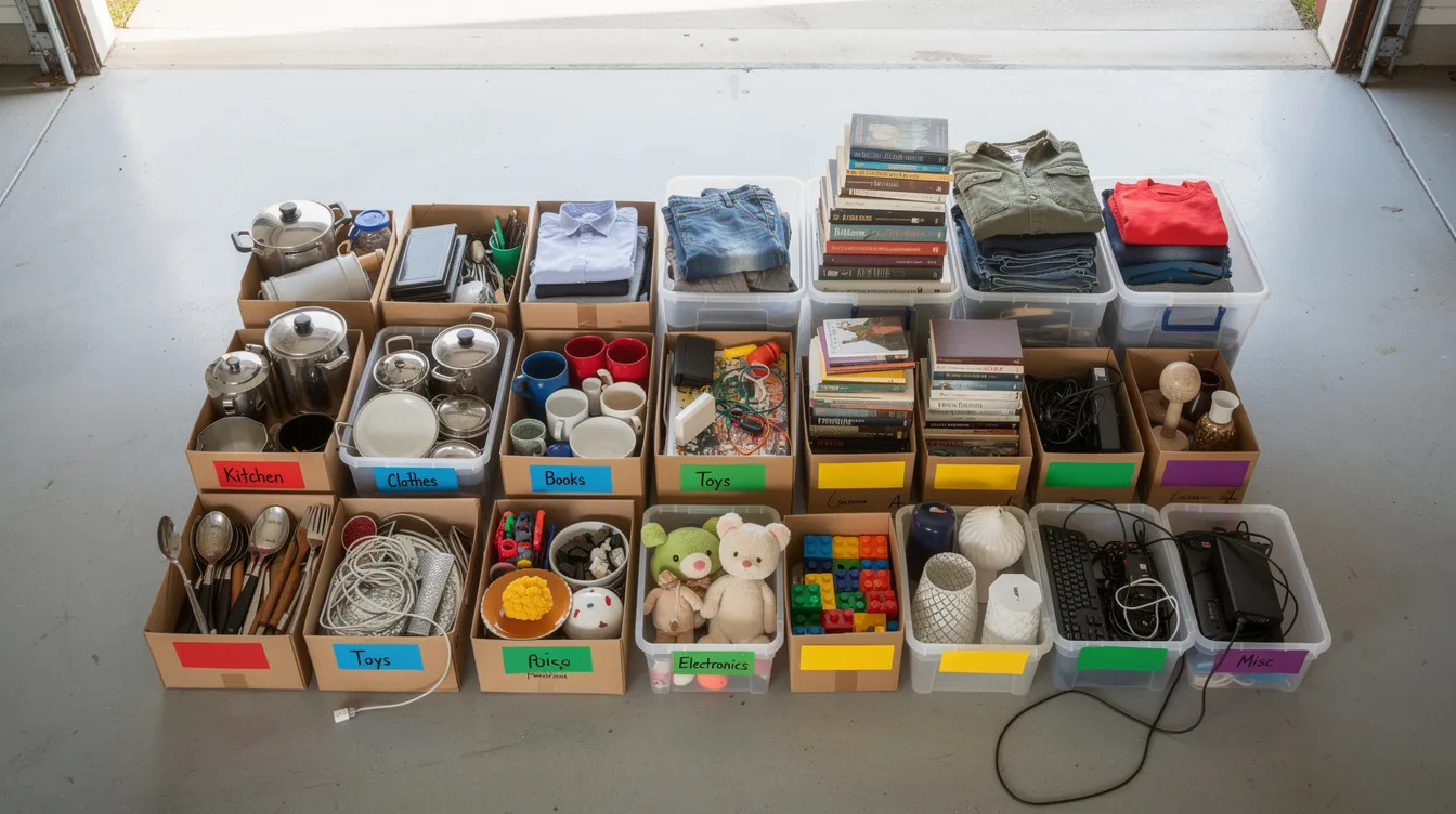 Organized storage unit with household items sorted into labeled piles using colored tape