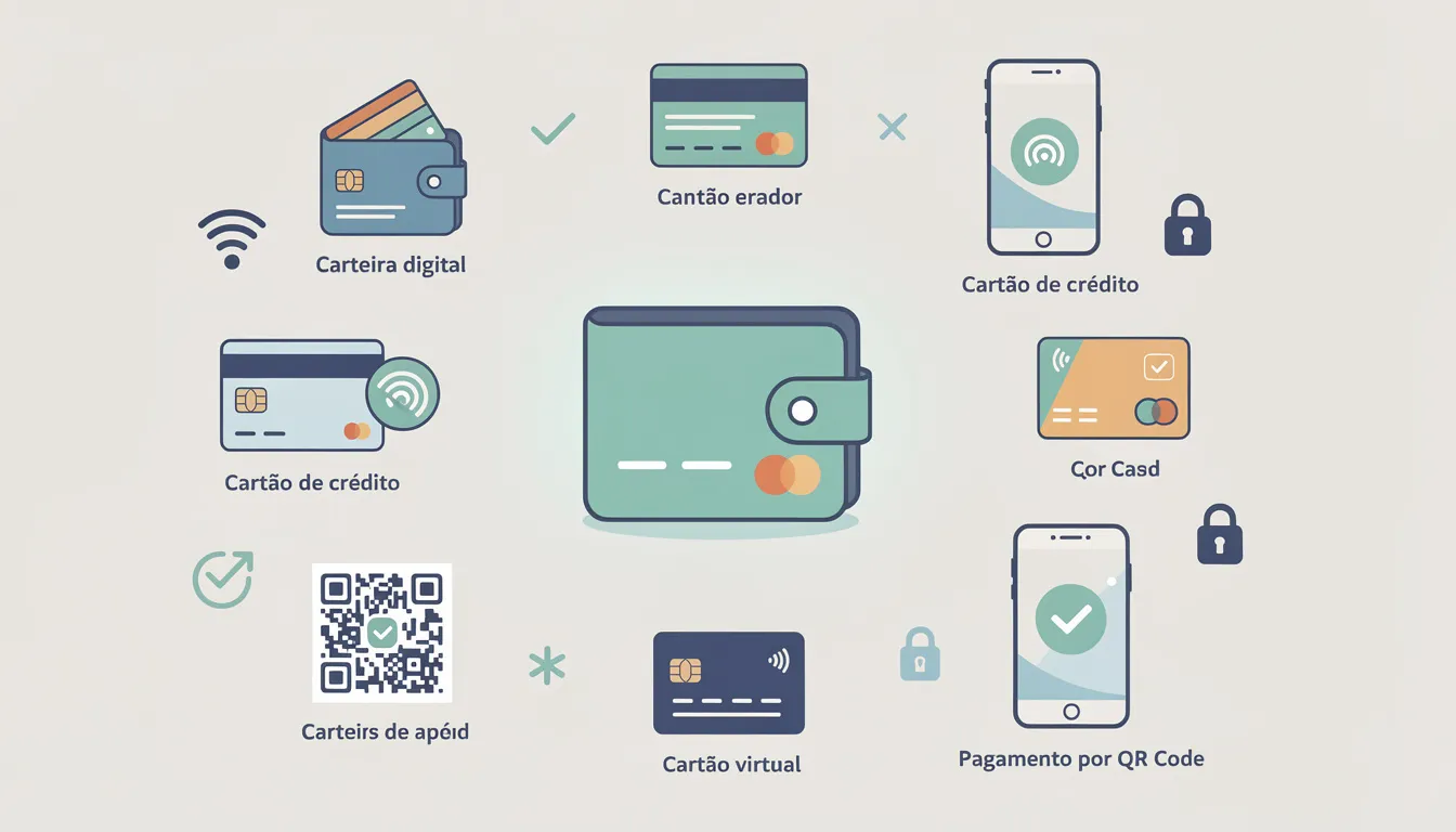 A imagem apresenta diversos métodos de pagamento digitais, ilustrados por ícones de carteiras virtuais, cartões de crédito e débito, representando as opções disponíveis para depósitos e levantamentos em casas de apostas online. Estes ícones simbolizam a segurança e a facilidade de acesso a plataformas de apostas desportivas e jogos online em Portugal.