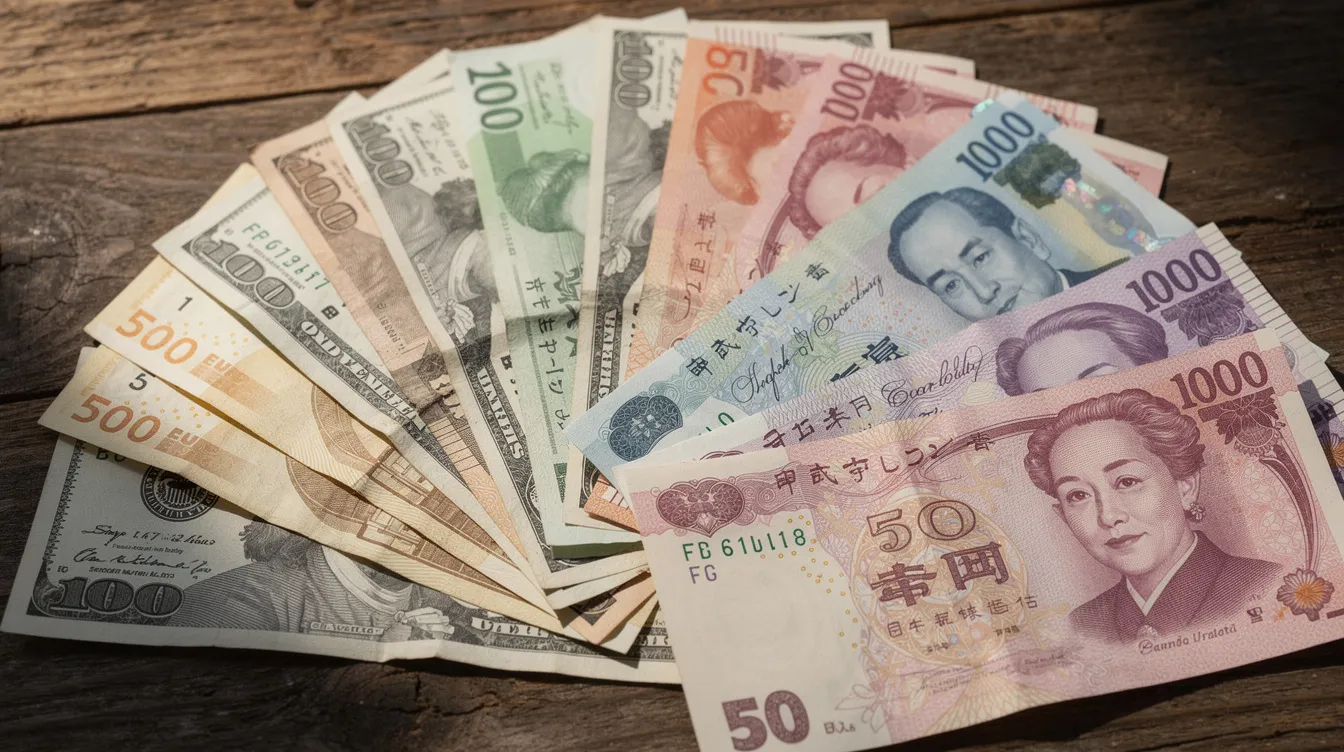 The image features a variety of international currency banknotes neatly arranged on a wooden surface, showcasing the diversity of global currencies used for international payments. This visual representation highlights the importance of understanding exchange rates and transfer fees when sending money or receiving international payments in Pakistan.