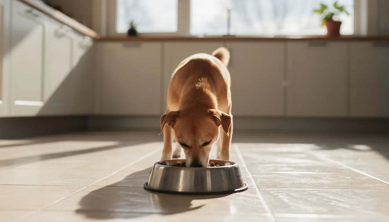 A small dog is happily eating from a food bowl in a sunny kitchen, surrounded by natural light that enhances the cozy atmosphere. As daylight saving time approaches, it's important to consider how this time change may affect your pet's schedule and overall well-being, particularly during the adjustment period.
