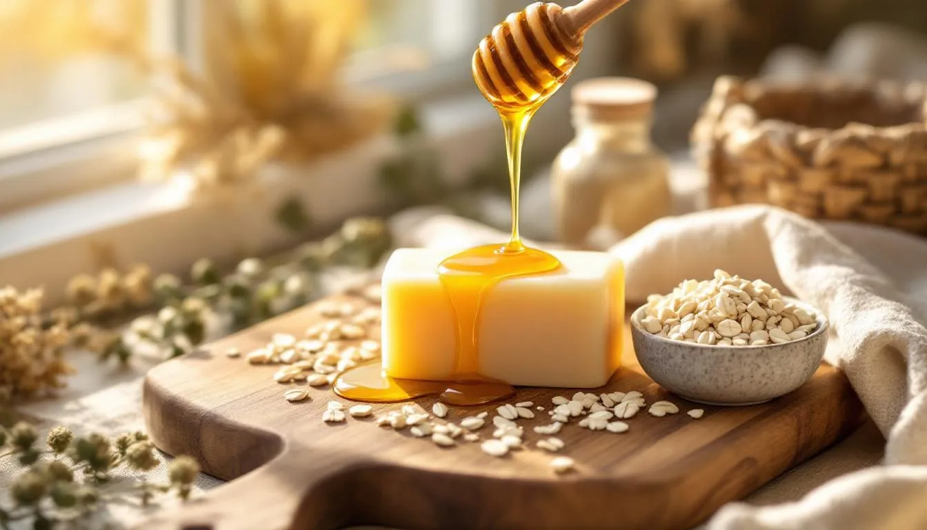 Honey being drizzled over a bar of oatmeal milk soap.