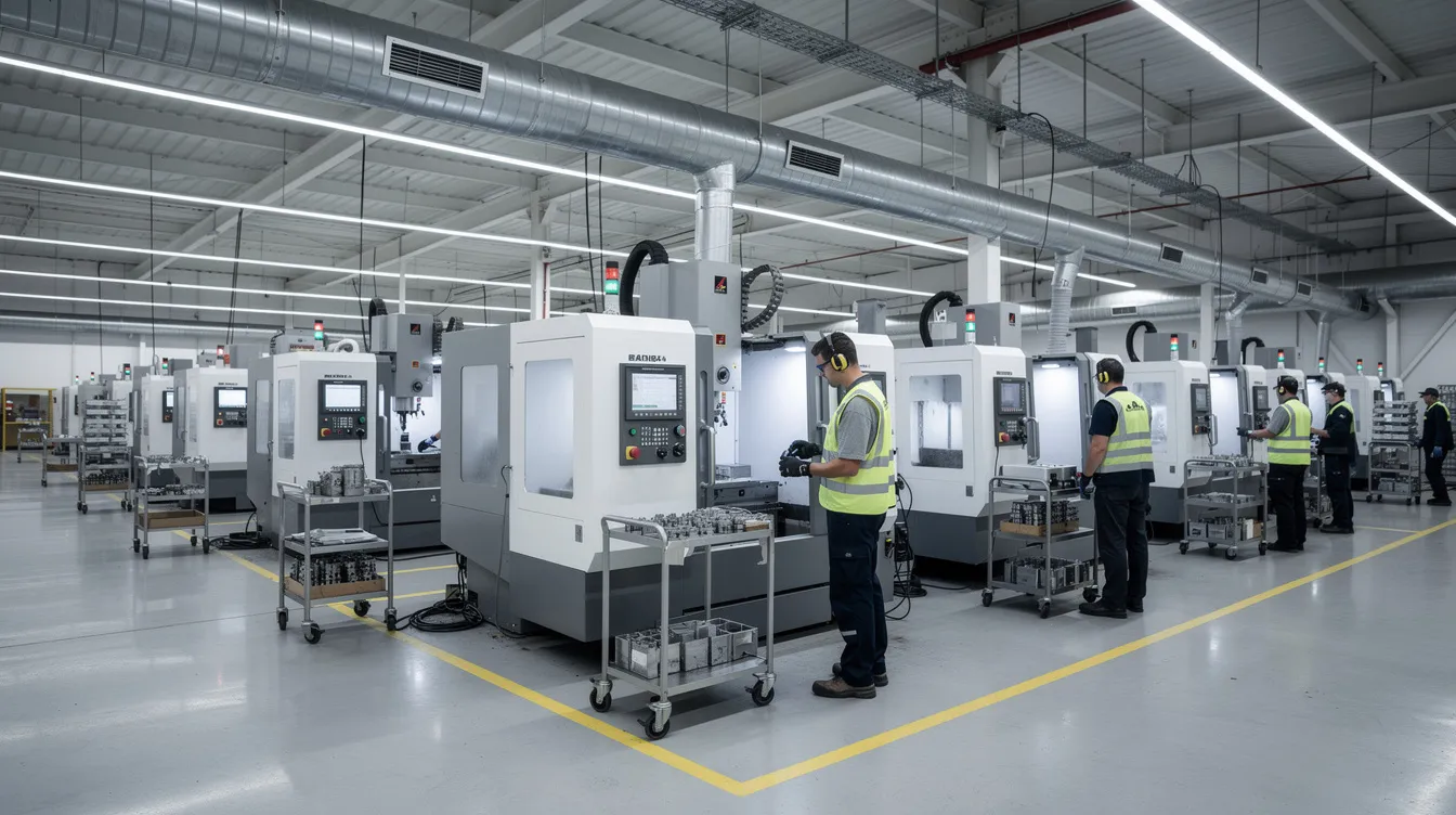 The image depicts multiple CNC machining centers lined up on a well-lit factory floor, where workers in safety gear are actively engaged in the machining process. These CNC machines, essential in the manufacturing industry, highlight the skills of CNC machinists and operators as they maintain and operate various machine tools.