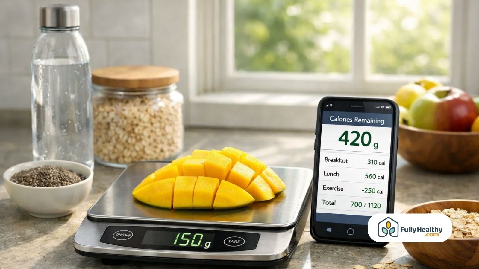 Sliced mango on digital food scale with calorie tracker and ingredients