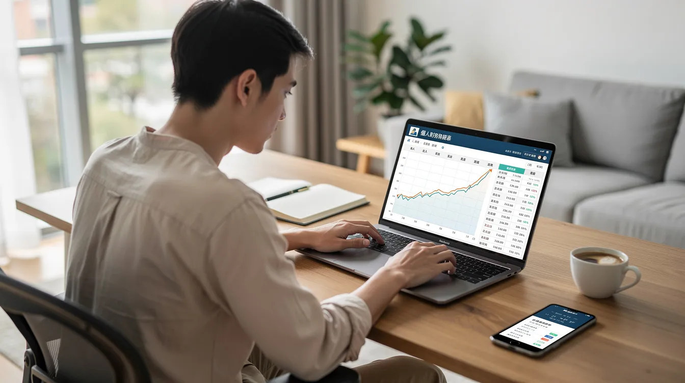 A young office worker is sitting at home with a laptop, reviewing financial data related to their personal loan application. The screen displays various metrics such as interest rates, repayment terms, and monthly repayment amounts, indicating a focus on understanding their financial situation and options for low-interest loans.