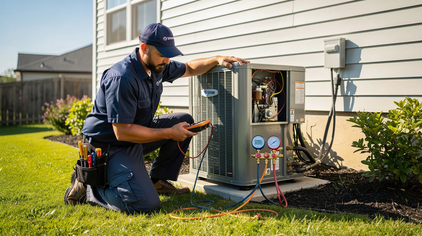 An HVAC technician is inspecting an outdoor residential air conditioning condenser unit on a sunny summer day, ensuring optimal performance and proper airflow for the cooling system. The technician is focused on identifying any potential issues that could affect the air conditioning service and the overall indoor air quality.
