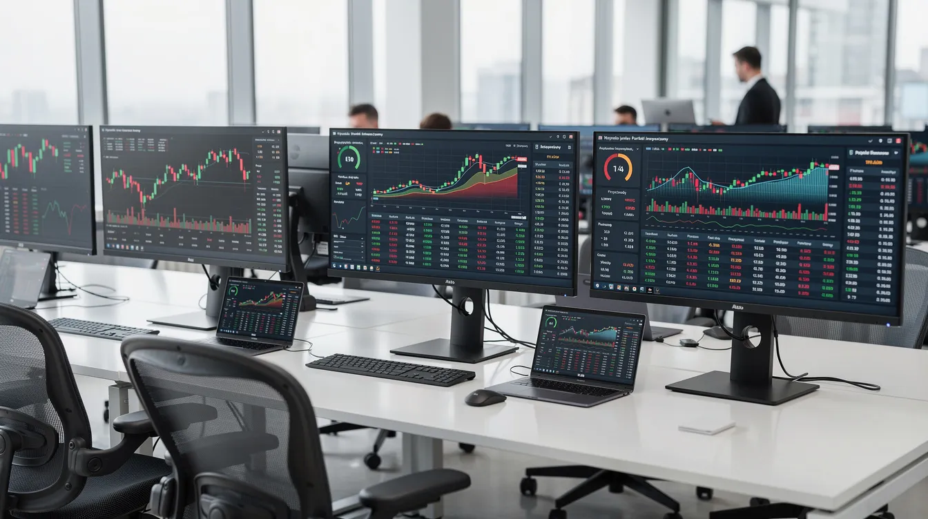 Nowoczesne biuro rachunkowe online, w którym znajduje się wiele monitorów wyświetlających wykresy i dane finansowe, ilustruje dynamiczne środowisko pracy związane z usługami księgowymi. W tle widoczne są dokumenty księgowe oraz narzędzia do wystawiania faktur i rozliczeń podatkowych.