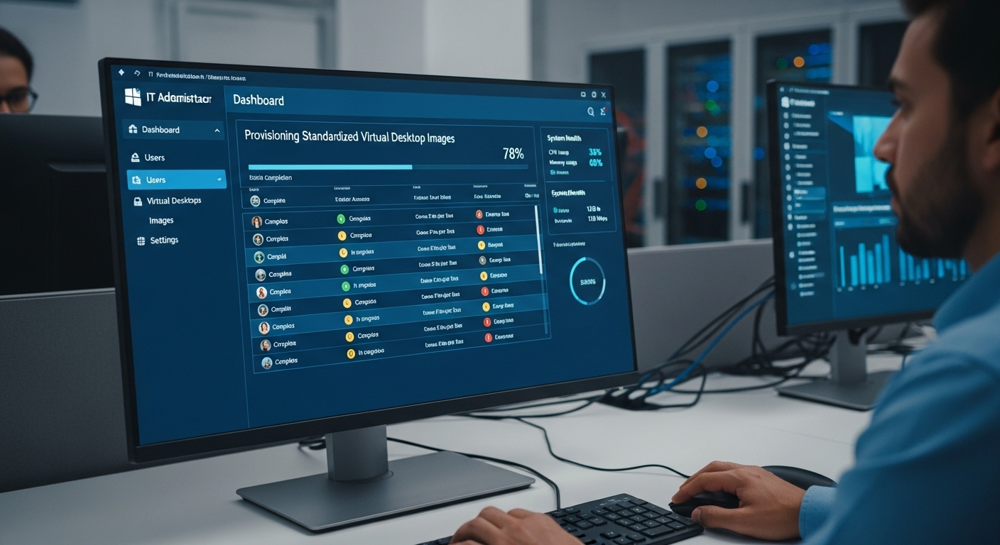 IT administrator dashboard provisioning standardized virtual desktop images across hundreds of users.