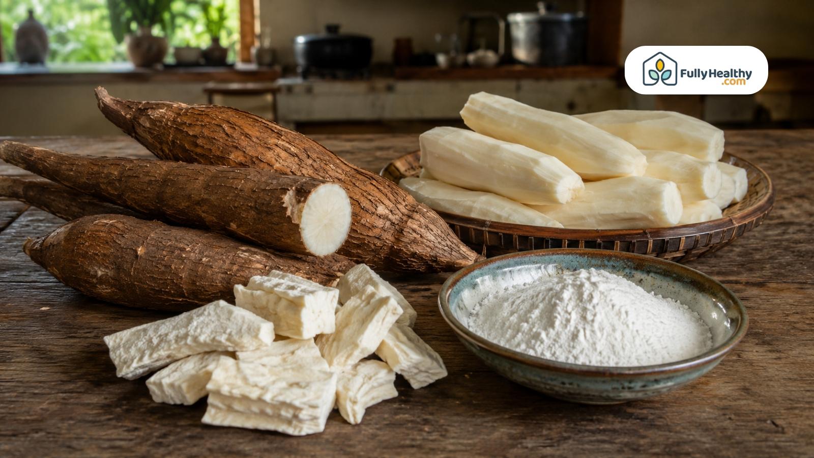 Fresh cassava roots, peeled pieces, dried chunks, and flour displayed together