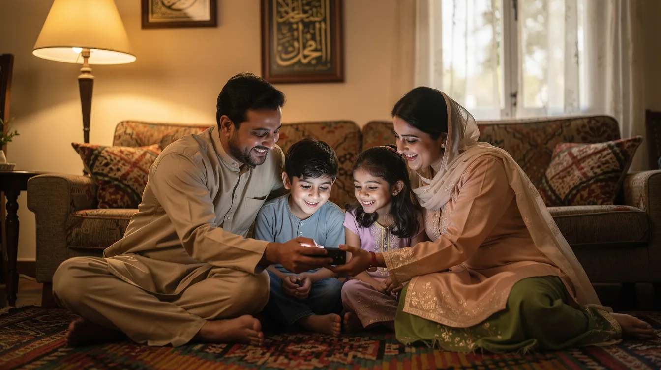 The image depicts a joyful family gathered in a cozy Pakistani home, sharing a moment as they look at a mobile phone together, possibly discussing international payments or online banking services. Their expressions convey happiness and togetherness, reflecting the importance of secure transactions and support in sending money to loved ones.