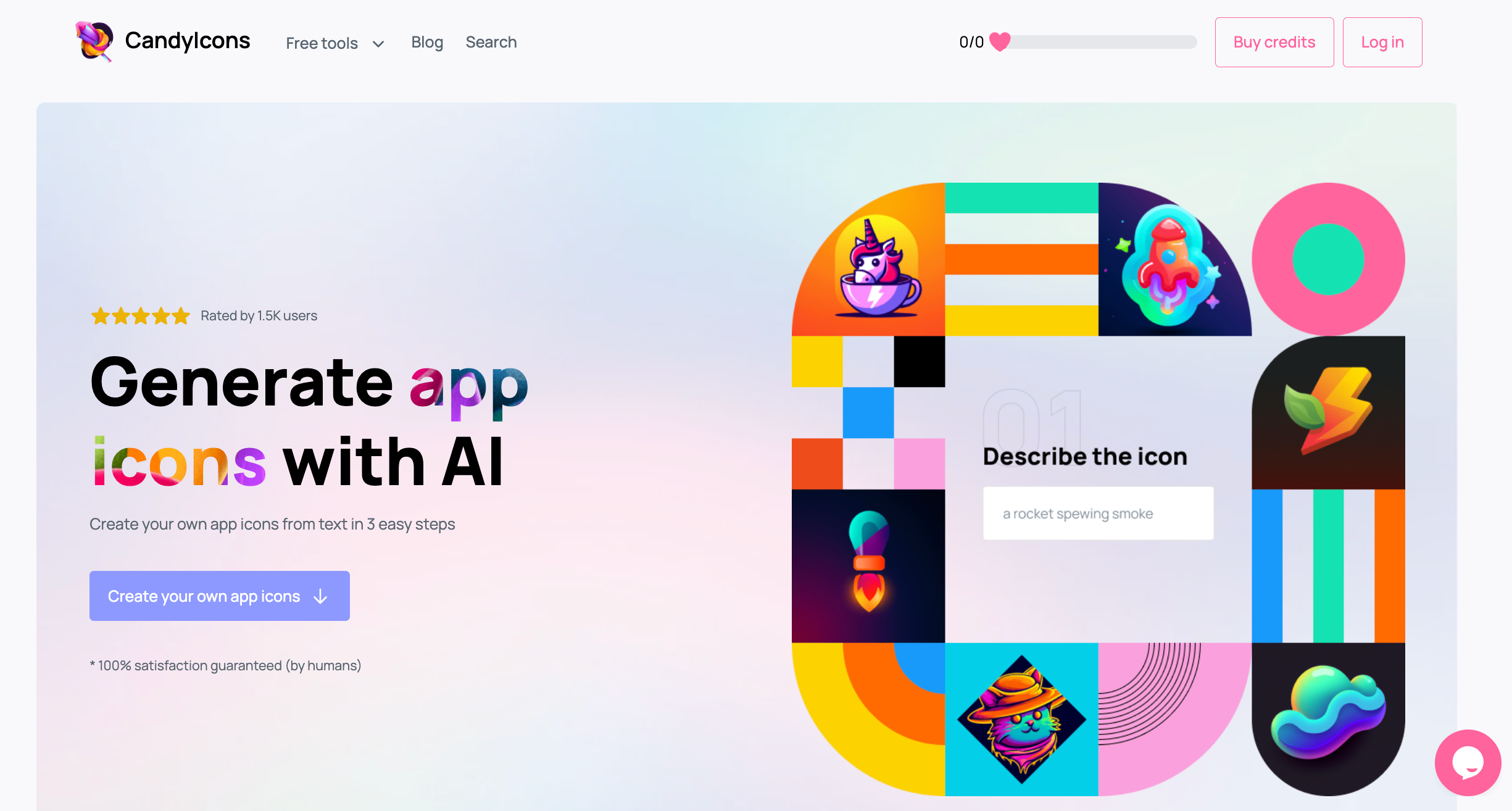 CandyIcons homepage promoting colorful AI app icon generation from text descriptions with playful visuals and 3-step process.