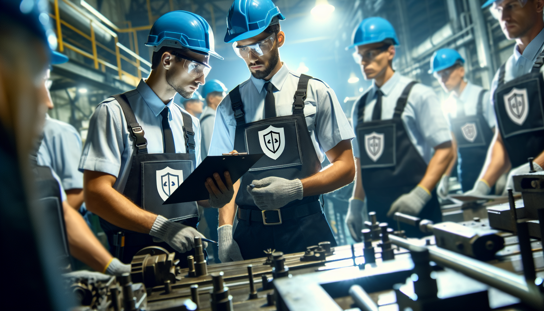 Illustration of security guards conducting a safety inspection at a workplace