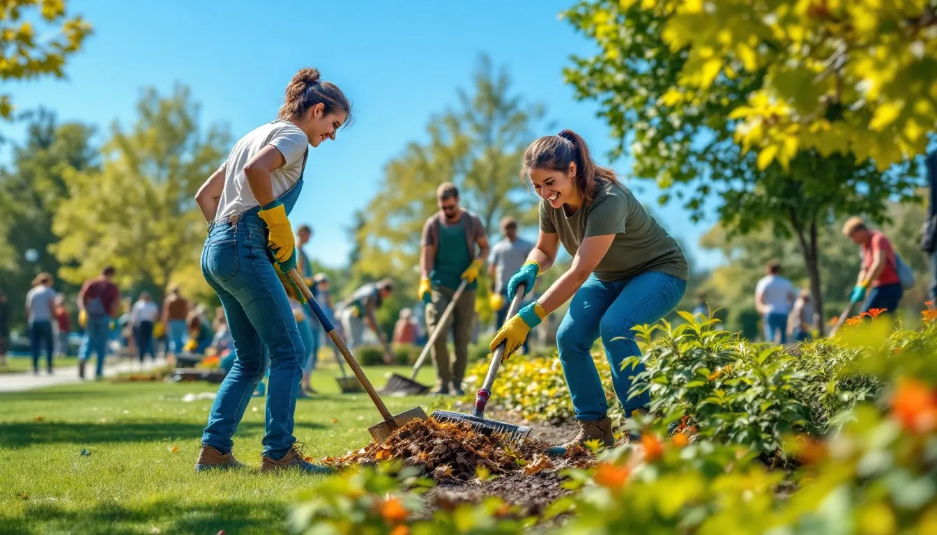 Een groep mensen is bezig met vrijwilligerswerk in een park, waar ze onderhoudswerkzaamheden verrichten zoals het opruimen van afval en het onderhouden van het groen. Dit nuttige werk draagt bij aan de gemeenschap en zorgt voor een schone en prettige omgeving voor bezoekers.