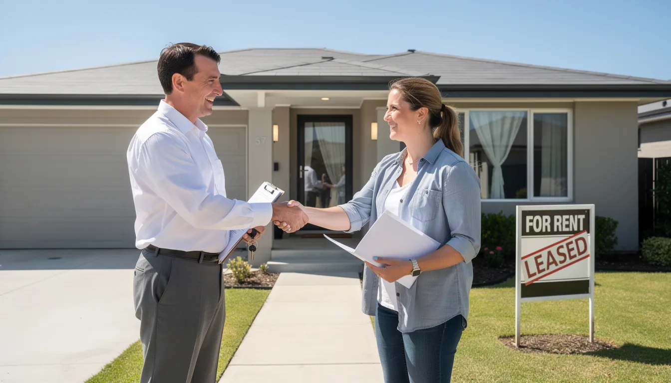 The image depicts a landlord and tenant shaking hands in front of a residential property, symbolizing a successful lease agreement for affordable housing. This interaction highlights the importance of rental properties and housing assistance programs, such as Section 8, in providing decent housing for low-income families. The image depicts a landlord and tenant shaking hands in front of a residential property, symbolizing a successful lease agreement for affordable housing. This interaction highlights the importance of rental properties and housing assistance programs, such as Section 8, in providing decent housing for low-income families.