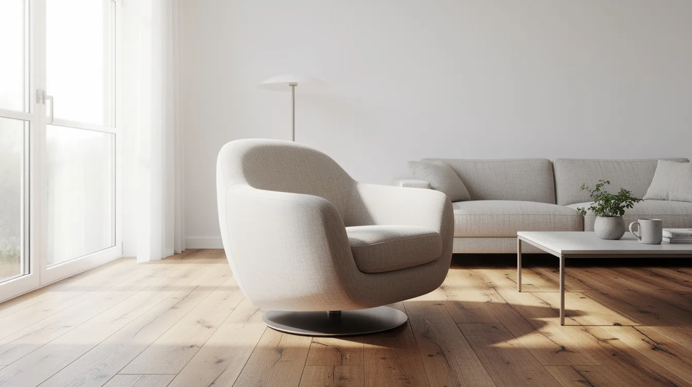 Een moderne draaifauteuil met ronde vormen staat in een lichte woonkamer met een houten vloer, waardoor het een stijlvolle toevoeging is aan het interieur. De fauteuil heeft zachte bekleding en een metalen onderstel, wat zorgt voor extra zitcomfort en flexibiliteit bij het veranderen van richting.