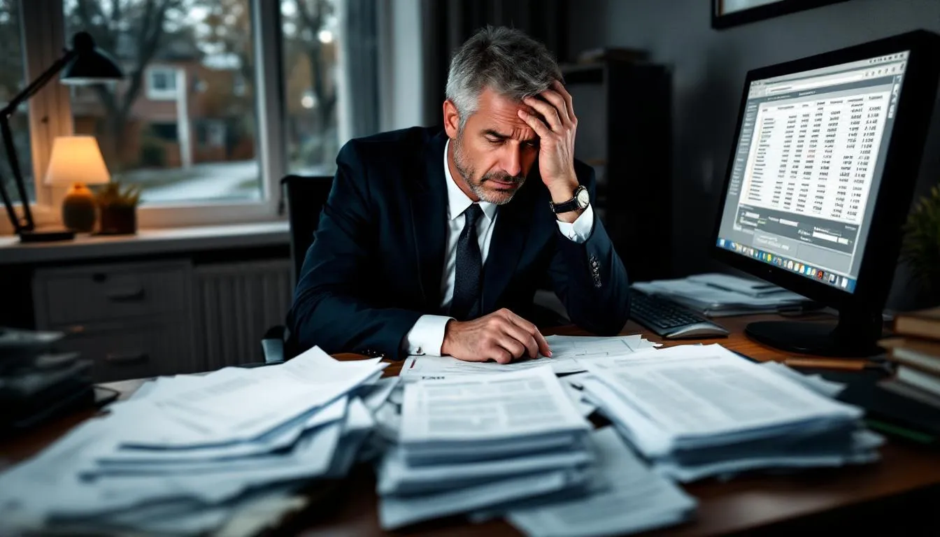 The image depicts a family gathered around a table discussing the tax implications of inheriting a family business after the decedent's death. They are reviewing documents related to estate taxes, including potential tax burdens and the fair market value of the assets involved in the business succession planning.