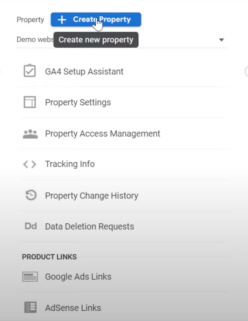 "Create Property" button in Google Analytics' Admin Function