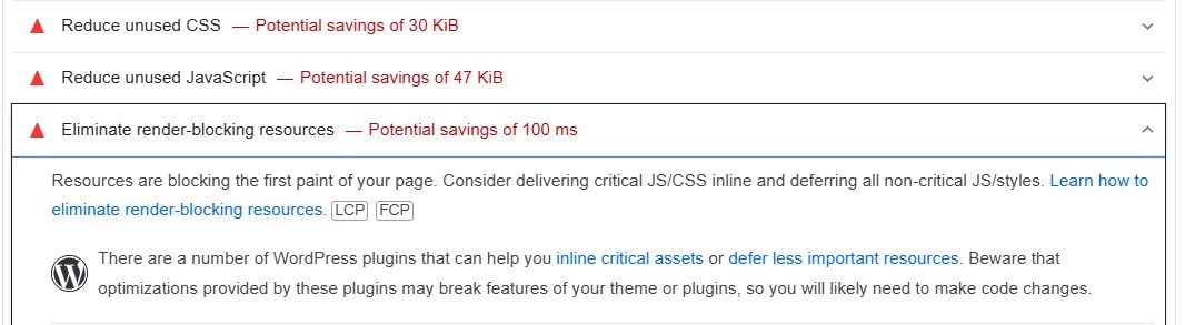 Render-blocking resources in PageSpees Insights report