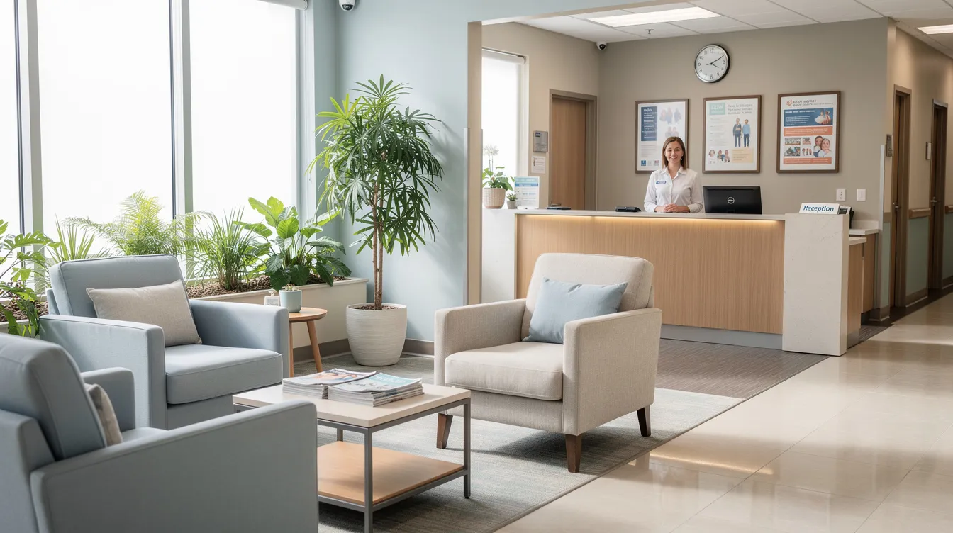 The image depicts a welcoming medical office waiting area featuring comfortable seating and ample natural light, with a reception desk visible in the background, creating an inviting space for patients visiting healthcare providers. This medical office space is designed to enhance patient flow and comfort in a primary care setting.