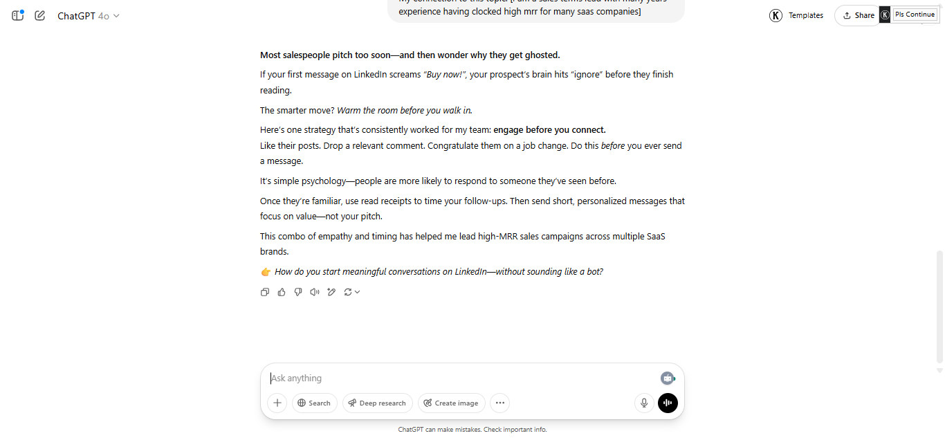 ChatGPT output showing a LinkedIn post repurposed from a blog article with clear hook and engagement question