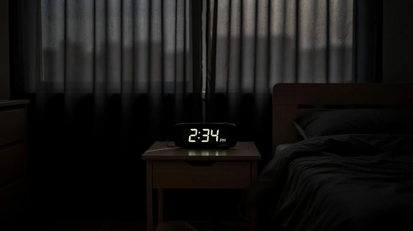 The image depicts a dark bedroom with blackout curtains, creating a dim atmosphere ideal for sleep, while a nightstand clock displays the afternoon time, highlighting the challenges of maintaining a regular sleep schedule for night shift workers. This setting reflects the importance of good sleep hygiene and managing sleep problems associated with shift work sleep disorder.