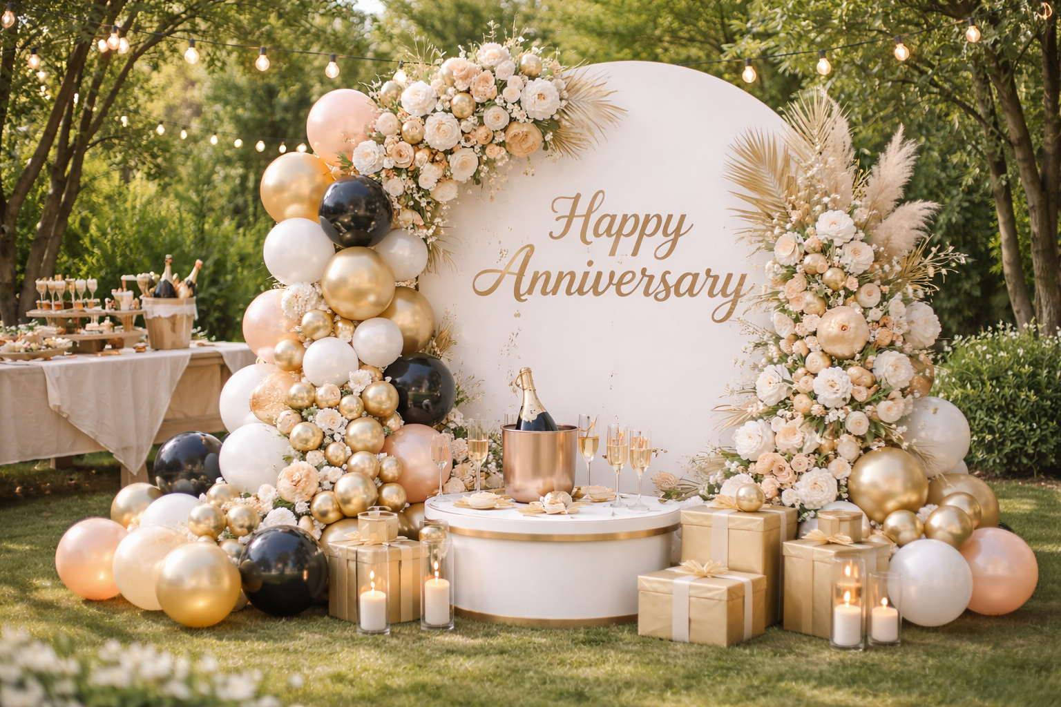 Woran erkennt man hochwertige Ballondekoration für Feiern? 3 Jubiläumsdekoration im Freien mit moderner Ballonkomposition in Weiß, Gold und Schwarz, runder Rückwand und eleganten Blumenarrangements.