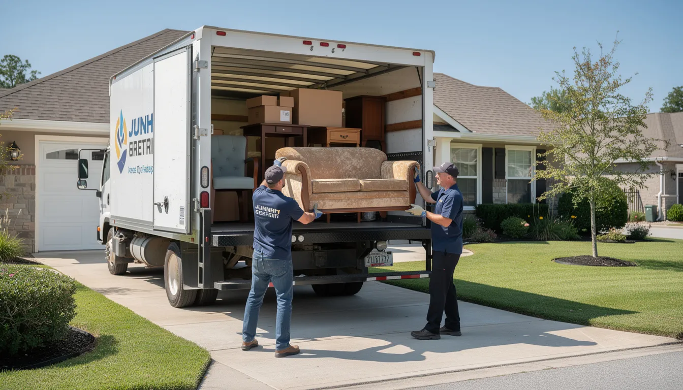 A professional junk removal crew is efficiently loading old furniture and unwanted items into a truck parked in a residential driveway, showcasing their full service junk removal expertise. This experienced team provides hassle-free, same day service to help homeowners and businesses clear clutter while ensuring responsible disposal practices.