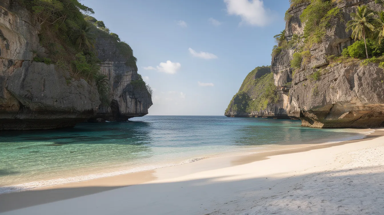 A imagem retrata uma praia paradisíaca com areia branca, cercada por imponentes falésias altas e um mar cristalino, típico da beleza das ilhas jônicas da Grécia, como a famosa Navagio Beach em Zakynthos. O cenário evoca um ambiente tranquilo e deslumbrante, ideal para passeios de barco e apreciação da natureza.