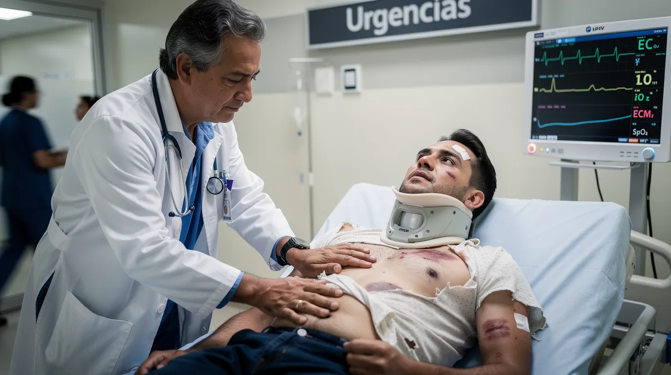 Un profesional médico examina a un paciente que ha sufrido lesiones después de un accidente automovilístico. La consulta se realiza en un entorno clínico, donde se evalúan las lesiones y se discuten los posibles pasos para la compensación y el tratamiento adecuado.