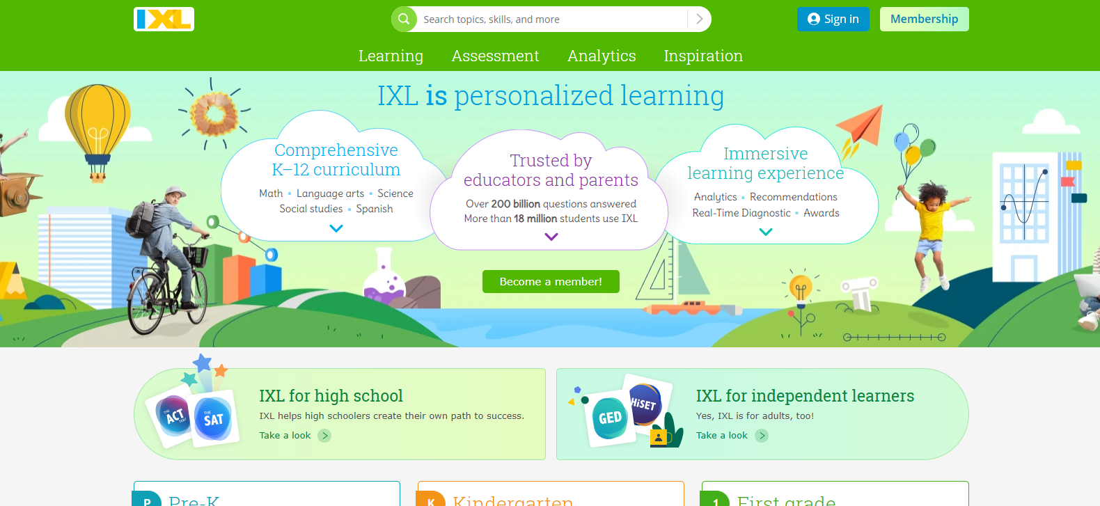 IXL personalized learning platform offering adaptive practice, real-time assessments, and curriculum-based learning for K-12 students across multiple subjects.