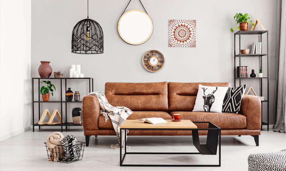 Brown Leather Sofa With Light Scandinavian Tones