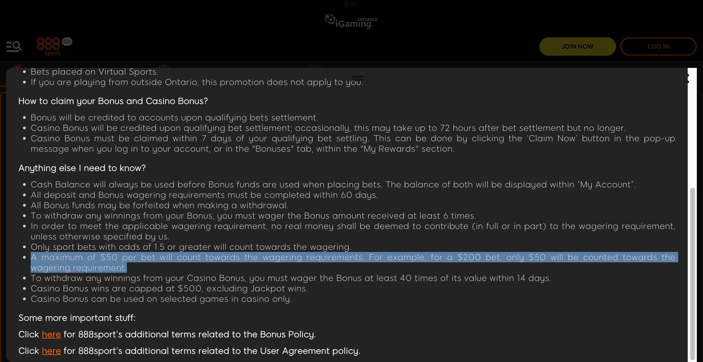 A screenshot view of 888Sport's bonus terms and conditions.