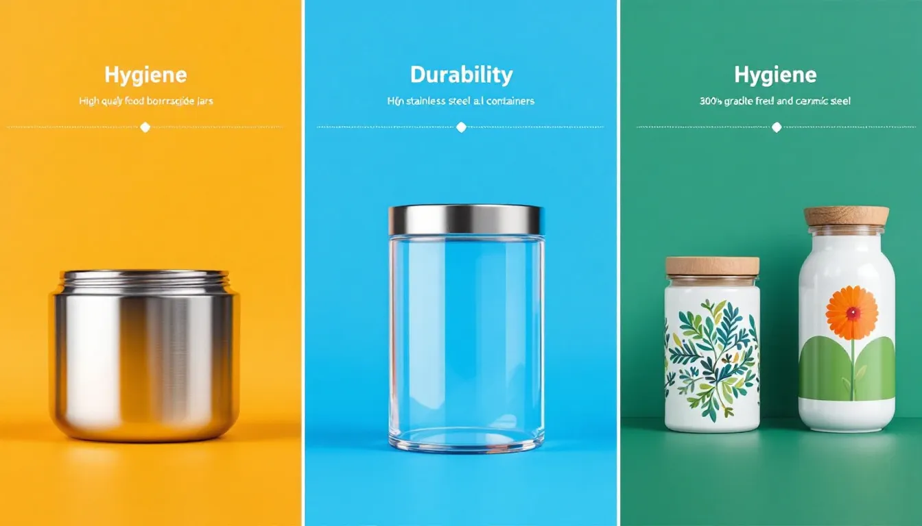 Factors to consider when choosing a wholesale food storage jar supplier, illustrated with various jar materials.